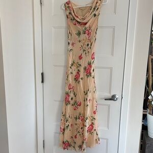 Vintage Floral Cowl Neck Maxi Dress in Beige with Pink Roses